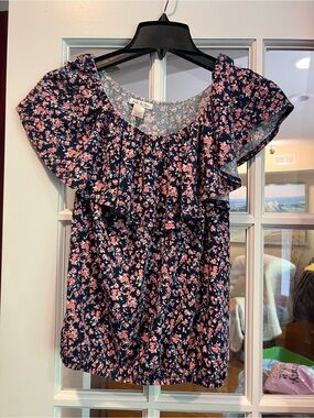 Belle Du Jour Navy Floral Ruffle Blouse with Pink Flowers